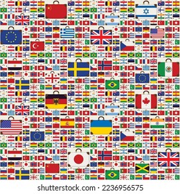 Vector seamless pattern with travel suitcases in the colors of the flags of various countries from around the world. Repeating background with suitcase icons. Old suitcases with national flags