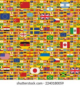 Vector seamless pattern with travel suitcases in the colors of the flags of various countries from around the world. Repeating background with suitcase icons. Old suitcases with national flags