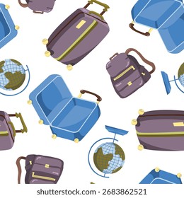 Vector seamless pattern with travel suitcases and backpacks. Illustration with travel luggage image. Repeatable background for wallpaper, textile, wrapping paper, web design.