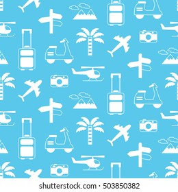 Vector seamless pattern with Travel vacation icons set on blue background. Linear art, flat style modern design. Tourism concept. Wallpaper, website backdrop. Design elements. Surface design