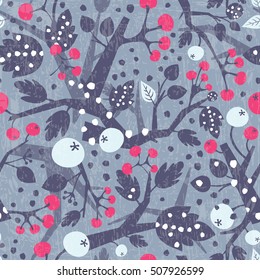 Vector seamless pattern with tree branches and berries. Vector illustration