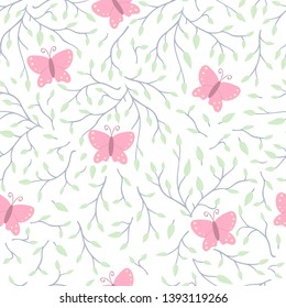 Vector seamless pattern with tree brunches, leaves and butterflies on transparent background. Natural cute background for web or textile.
