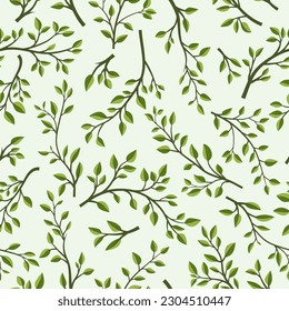 Vector Seamless Pattern with Tree Brunches. Flat Cartoon Twig with Green Leaves on White Background. Spring, Summer Design - Leaves, Brunches, Plants, Herbs. Vector Illustration