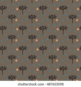 Vector seamless pattern with tree, leaf and rain drop