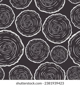 Vector Seamless Pattern with Tree Rings, Saw Cut Tree Trunk, Wood Log, Cross. Pine, Oak Slices, Lumber. Cut Timber, Wooden Texture with Tree Rings. Hand Drawn Design Element