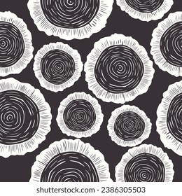 Vector Seamless Pattern with Tree Rings, Saw Cut Tree Trunk, Wood Log, Cross. Pine, Oak Slices, Lumber. Cut Timber, Wooden Texture with Tree Rings. Hand Drawn Design Element