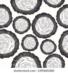 Vector Seamless Pattern with Tree Rings, Saw Cut Tree Trunk, Wood Log, Cross. Pine, Oak Slices, Lumber. Cut Timber, Wooden Texture with Tree Rings. Hand Drawn Design Element