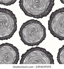 Vector Seamless Pattern with Tree Rings, Saw Cut Tree Trunk, Wood Log, Cross. Pine, Oak Slices, Lumber. Cut Timber, Wooden Texture with Tree Rings. Hand Drawn Design Element