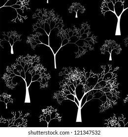 Vector Seamless Pattern of Tree Silhouettes on Black Background