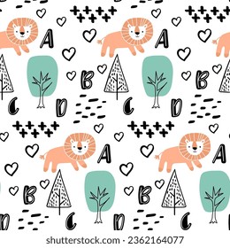 Vector seamless pattern with tree,lion,alphabet.Tropical jungle cartoon creatures.Pastel animals background.Cute natural pattern for fabric, childrens clothing,textiles,wrapping paper.