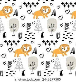 Vector seamless pattern with tree,lion,alphabet.Tropical jungle cartoon creatures.Pastel animals background.Cute natural pattern for fabric, childrens clothing,textiles,wrapping paper.