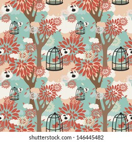 vector seamless pattern with trees, birds in cage and floral ornament