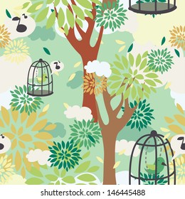 vector seamless pattern with trees, birds in cage and floral ornament