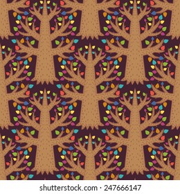 Vector seamless pattern. Trees with colorful leaves