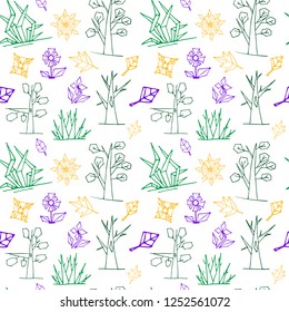 Vector seamless pattern with trees, flowers, leaves and grass, multicolor, elements from simple geometric shapes