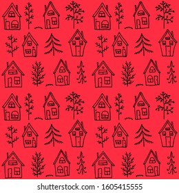 vector seamless pattern with trees and houses 