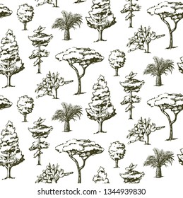 Vector seamless pattern with trees on white background