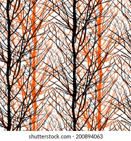 Vector seamless pattern with trees silhouettes in black, white and orange colors for fall winter fashion or Christmas wrapping paper