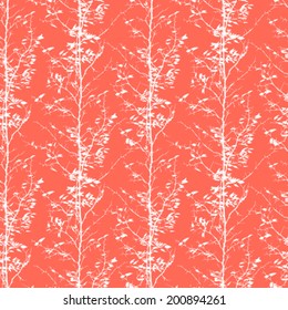Vector seamless pattern with trees silhouettes and leaves in bright coral red and white colors for summer spring fashion