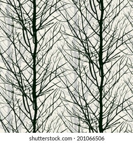 Vector seamless pattern with trees silhouettes in black and white colors for fall winter fashion or Christmas wrapping paper
