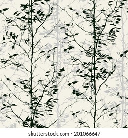 Vector seamless pattern with trees silhouettes with falling leaves in black and white colors for fall winter fashion or Christmas wrapping paper