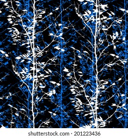 Vector seamless pattern with trees silhouettes and leaves with falling leaves in black, blue and white colors for fall winter fashion or Christmas wrapping paper