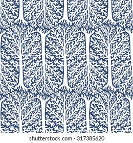 Vector seamless pattern with trees silhouettes and leafs in grey and white colors for fall winter fashion or Christmas wrapping paper. Chic, elegant, natural print with woods. Retro style wallpaper.