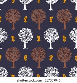 Vector seamless pattern with trees silhouettes and leafs in sophisticated colors for fall winter fashion or Christmas wrapping paper. Grunge, elegant, natural print with woods. Retro style wallpaper.