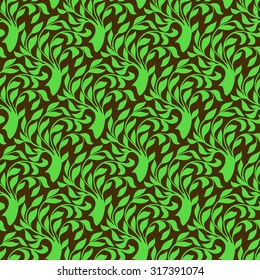 Vector seamless pattern with trees silhouettes and leafs in brown and green colors for fall winter fashion or Christmas wrapping paper. Natural print with woods. Retro style wallpaper. Floral texture.