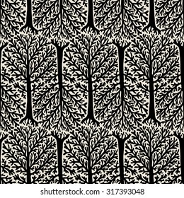 Vector seamless pattern with trees silhouettes and leafs in black and white colors for fall winter fashion. Chic, elegant, natural print with woods. Retro style wallpaper. Concept of ecology awareness