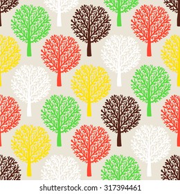 Vector seamless pattern with trees silhouettes and leafs in black and white colors for fall winter fashion or Christmas wrapping paper. Chic, elegant, natural print with woods. Retro style wallpaper.