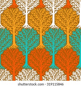 Vector seamless pattern with trees silhouettes and branches in multiple colors for fall winter fashion or ecology awareness poster. Chic, elegant, natural print with woods. Retro style wallpaper.