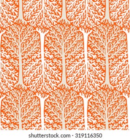 Vector seamless pattern with trees silhouettes and leafs in red and white colors for fall winter fashion or Christmas wrapping paper. Chic, elegant, natural print with woods. Retro style wallpaper.