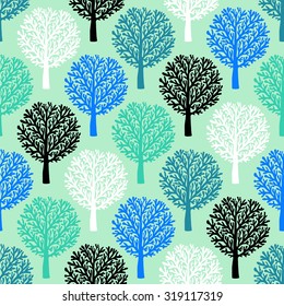 Vector seamless pattern with trees silhouettes and leafs in many blue green colors for fall winter fashion or Christmas wrapping paper. Chic, elegant, natural print with woods. Retro style wallpaper.