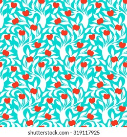 Vector seamless pattern with trees silhouettes, leafs and red apples in blue and white colors for fall winter fashion or wrapping paper. Chic, elegant, natural print with garden. Retro style wallpaper