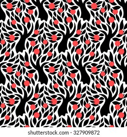Vector seamless pattern with trees silhouettes, leafs and red apples in black on white colors for fall winter fashion or wrapping paper. Chic, elegant, natural print with garden. Retro style wallpaper