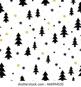 Vector seamless pattern of trees and snowflakes. Black and gold color. Winter christmas background
