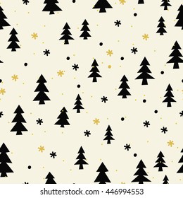 Vector seamless pattern of trees and snowflakes. Black gold and black color. Winter christmas background