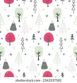 Vector seamless pattern with tree.Tropical jungle cartoon leaf.Pastel plant background.Cute natural pattern for fabric, childrens clothing,textiles,wrapping paper.