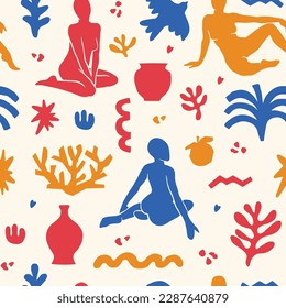 Vector seamless pattern with trendy aesthetic elements inspired by modern minimal cut out style. Geometric shapes, flowers, plants, female figures for print, cover, wall art, poster, collage
