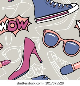 vector seamless pattern with trendy assesories and shoes