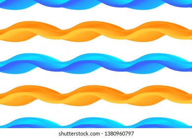 Vector seamless pattern with trendy blue and orange 3d shapes isolated on the white background. Wallpaper with abstract wavy stripes.