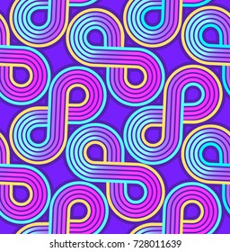 Vector seamless pattern with trendy geometric curl shapes. Regular  purple background. Sweet rainbow childhood colors. Printable design in  retro style. Multicolored  bright illustration.