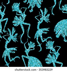 Vector seamless pattern. Trendy glitter texture with dancing women in carnival costumes. Carnival, celebration, fun.