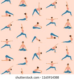 Vector seamless pattern in trendy retro style of woman doing yoga. Set of yoga poses. Cute pink background.