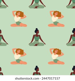 Vector seamless pattern in trendy retro style, happy women doing yoga. Relaxation and meditation poses on a green background. Taking care of yourself. Textiles, packaging, web design.