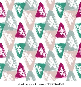 Vector seamless pattern with triangle  brushstrokes. Hand painted in blue, purple, pink and turquoise color.