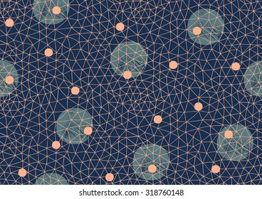 vector seamless pattern of triangle net with orange lines and random polka dots accents on dark blue background