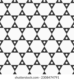 Vector seamless pattern with triangles. Black triangles with white dots inside. Geometric simple pattern with triangles forming six-pointed stars. Monochrome vector background.