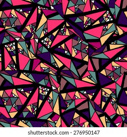 Vector seamless pattern with triangles on black background in street art graffiti style. Endless texture. Seamless pattern can be used for textile, wallpaper, wrapping paper, web design